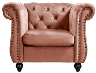 Container Furniture Velvet Chesterfield Armchair, Button-Tufted Backrest, Rolled Arms, High-Density Foam with Spring Support, Elegant Accent Piece, Chair, Rose