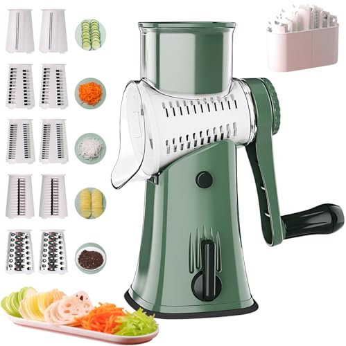 Rallador giratorio de queso, cortador de verduras de velocidad manual con 5 cuchillas de tambor de acero inoxidable reemplazables y base de succión fuerte y mango, más rápido y fácil de usar para