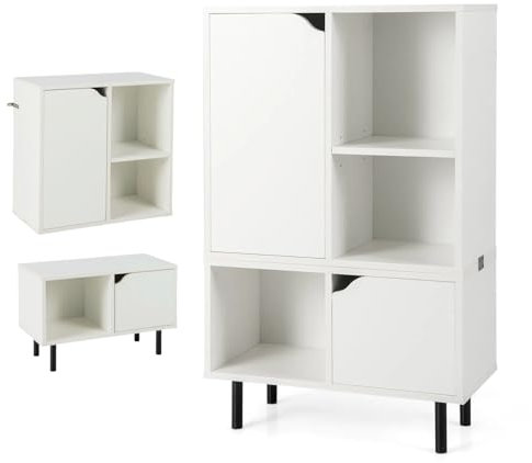 KOMFOTTEU Librería Abierta Apilable 2 en 1, Estantería para Libros con 2 Armarios con Puerta y 3 Cubos, Mueble de Almacenamiento de Madera con Dispositivo Antivuelco, 60 x 30 x 96,5 cm