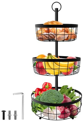 Yiomxhi Obst Etagere 3 Stöckig, Obstkorb für Arbeitsplatte Küche Aufbewahrung, Moderner Obstschale Metall Obstetagere für Gemüse Brot Snacks, Schwarz