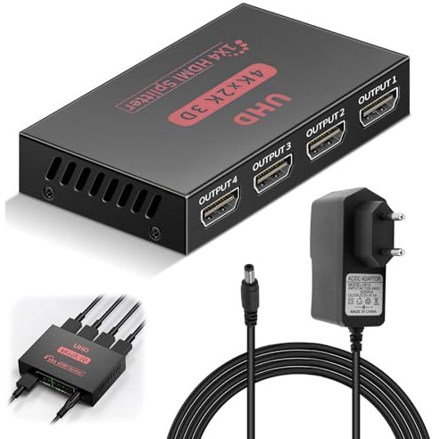 Splitter HDMI 1 Entrée 4 Sorties, Répartiteur 4K Duplicateur Supporte 3D 4K 1080p, Multiprise HDMI avec Adaptateur Secteur, pour TV, PS3, PS4, X-Box, Moniteur, Projecteur