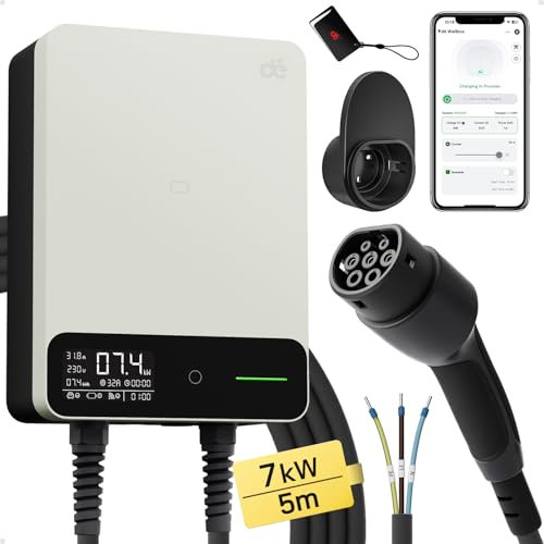 dé Wallbox 7,4kW mit App [6–32A, 1-phasig] mit Typ-2-Kabel 5 m, RFID & Halter, mit FI Typ B & IP54 – Ladestation für Model Y & andere BEV/PHEV, Weiß