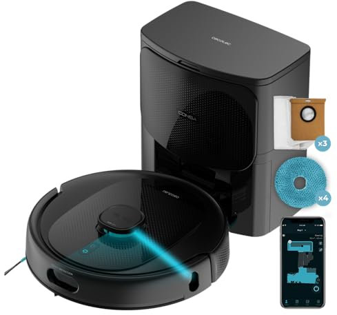 Cecotec Robot Aspirateur et Laveur de Sols avec IA et Base AutoVidange Conga 9990 AI Spin Revolution Ultra Power Home. 10000 Pa, SmartNavigation, Autonomie 240 Min, Brosse en Silicone, Application