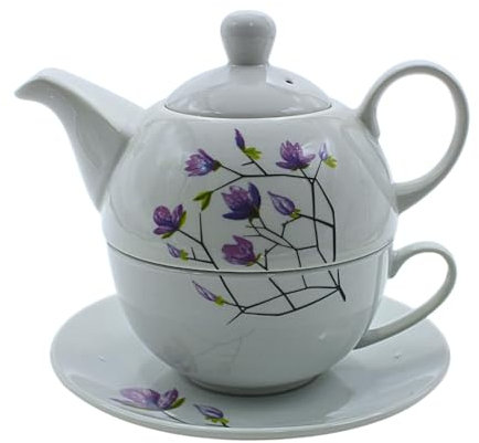 Tetera de porcelana, juego de té para uno, tetera para té, tetera con tetera, juego de tetera de flores con taza de té de porcelana en flores blancas y moradas, 15 x 15 x 16 cm.