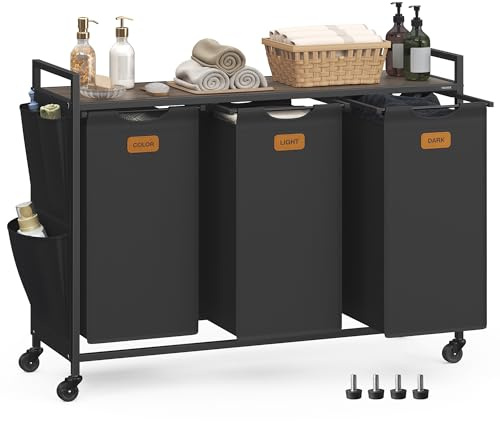 VASAGLE Panier à Linge, Corbeille à Roulettes, Chariot avec Étagères, Sac, Poches Latérales, 6 Étiquettes, 3 Compartiments, 150 L, Noir d'Encre et Marron Cendré BLH223BH01
