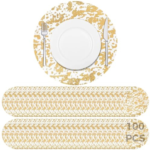 Calolin 100 PCS Disposable Dining Plate Mats, Golden Bowl Tableware Place Mat Pads Set, 13 Inches Round Foil Mesh Pressed Table Doilies for Dining Table Wedding Birthday