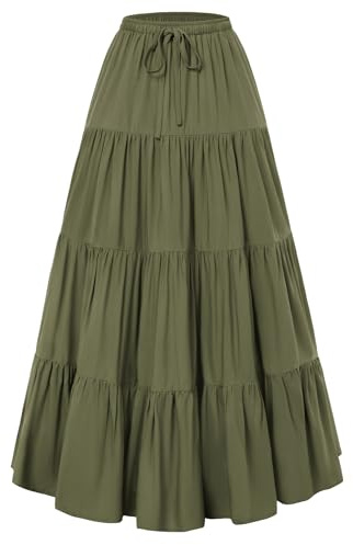 SCARLET DARKNESS Women's Flowy Boho Maxi Skirts Elastic Waist Drawstring A-Line Skirt Renaissance Tiered Long Skirts with Pockets Olive Green XXL