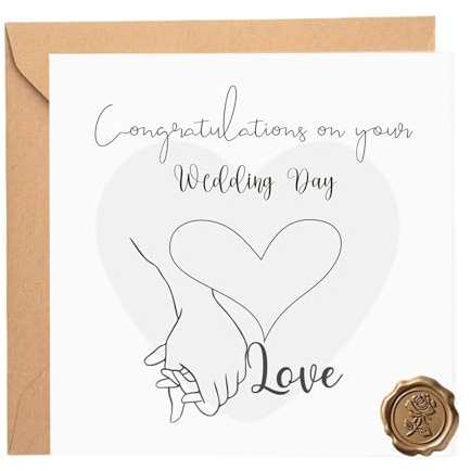 Tayenura Elegant Wedding Card with Holding Hands and Heart Design Includes Kraft Envelope and Embossed Seal Sticker Congratulations on Your Wedding Day 15x15cm
