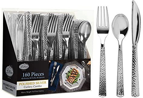 Plastic Cutlery Silverware Extra Heavyweight Disposable Flatware, Full Size Cutlery Combo, Silver Pebbled, 80 Forks, 40 Spoons, 40 Knifes, Value Pack 160 Count