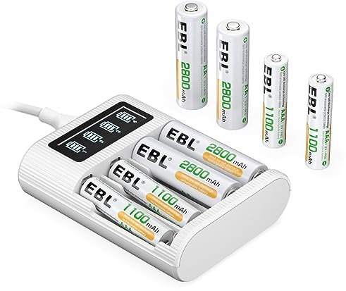 EBL 4 Ranuras Cargador Inteligente de Pilas AA AAA Recargables Ni-MH, 4 x 2800mAh Pilas AA, 4 x 1100mAh Pilas AAA, Puerto Micro USB/Tipo C