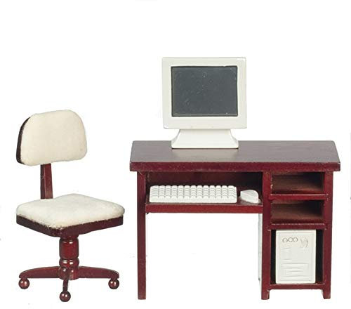 Town Square Miniatures Puppenhaus Computer Mahagoni Schreibtisch & Stuhl Miniatur Studien Büromöbel Set 1:12 Holz Klassisch Braun