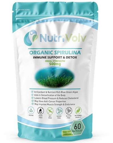 Nutrivolv Organic Spirulina 500mg Capsules | Natural Protein Source | Dietary Supplement | Immune Health | Natural Detoxifier | Antioxidant | Metabolism | Vegan | 60 Capsules