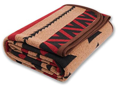PuTian Merino Wool Blanket - Warm, Thick, Washable, 87 x 63 Large Throw for Outdoors, Camping,Couch, Bed, Travel - Super Soft Wool Blanket (Striped Fire Light Tan)