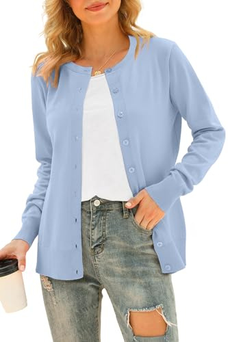 YUNDAI Womens Round Neck Button Down Long Sleeve Lightweight Knit Cardigan | Soft lightweight knit cardigan, round neck & button closure, long sleeve relaxed fit for spring fall daily casual outfits