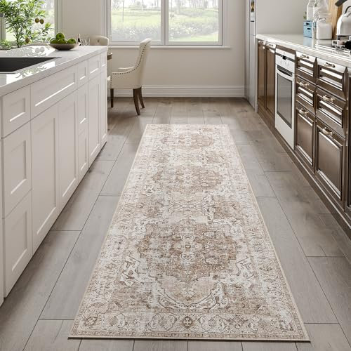 TOPICK Läufer 60x210cm Braun Area Teppich Wohnzimmerteppich Vintage Multi Blumendruck rutschfest Dünner Waschbar Teppich Bodenbelag Faltbar für Innenbereich Büro Schlafzimmer Küche