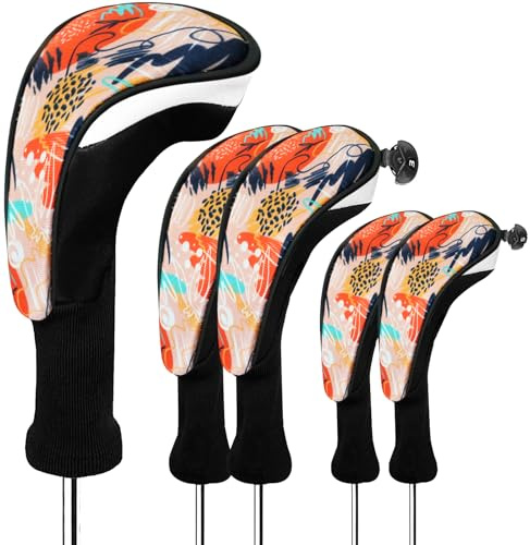 Couvre Club De Golf Bois 5 Pièces Conducteur 1 3 5 Hybrid Driver Fairway Woods Capuchons Long Neck, Covers Golf Head pour Femme Homme Enfant Cadeaux (Orange)