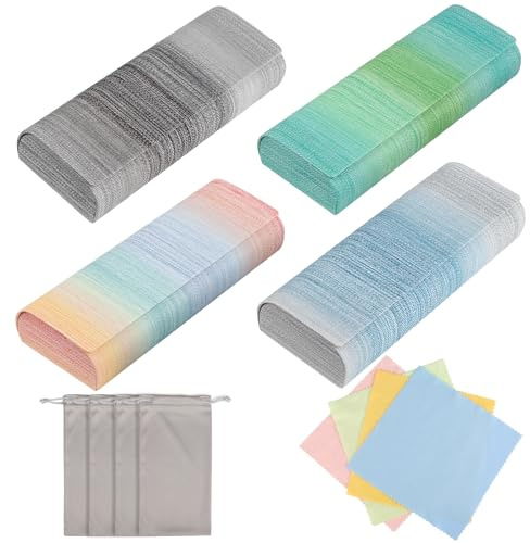 4 stycken glasögonfodral hårt fodral (med rengöringsduk för glasögon och dubbel förvaringsväska med dragsko), 4 glasfodral med färggradient, hårt glasögonfodral för mysiga, åldersamma och solglasögon,