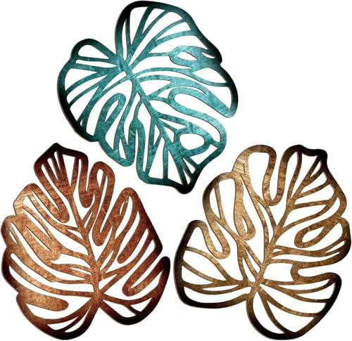 Palm Leaves Wood Wall Decor , 3Pcs Tropical Wall Art Jungle Decor, Wooden Natural Leaves Plant Wall Decor, Vintage Tropical Plant Plaque for Home Living Room Kitchen Bedroom Bathroom & Garden,