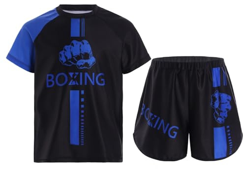 RUNQHUI - Conjunto de boxeo para niño y camiseta y pantalones cortos Muay Thai MMA elástica de 5 a 16 años, azul, 11-12 Años