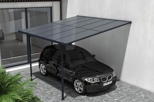 Cazeboo Carport Abri Voiture Toit Terrasse KLEO – 9 m² 3x3 m Aluminium Gris Anthracite Polycarbonate Anti-UV – Pergola adossée Robuste Anti-Rouille – Protection Pluie Neige Soleil – 300 x 300 cm