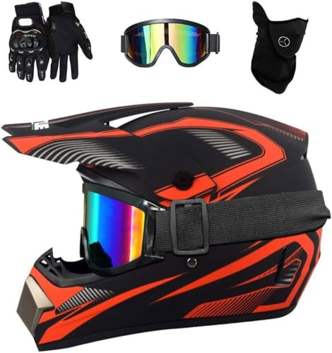Vuxen MTB Motocross Hjälm, full ansikte utanför vägen Sports motorhjälm med glasögonhandskar Mask, Downhill Enduro quad Dirt Bike Scooter Motorcykelhjälm(Red,XL(58~59cm))
