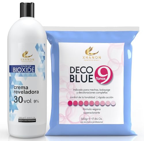 Pack Oxigenada en Crema 30 vol 1000ml + Polvos Decolorantes de Cabello Azul 9 tonos 500gr | | Superaclarante | Xhanon ProfessionaL