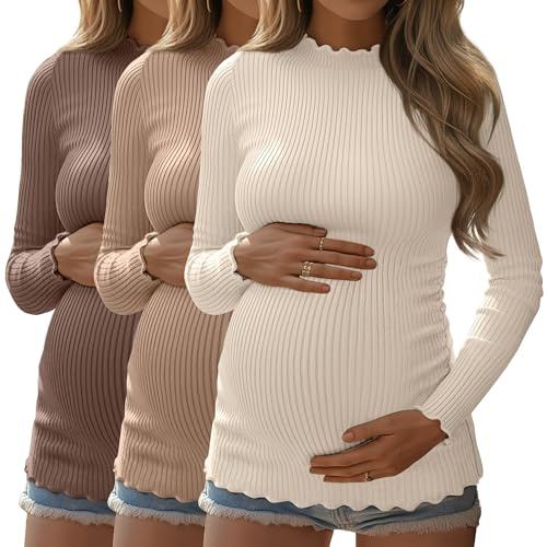 Huukeay 3 Pack Women's Maternity Shirts Ribbed Knit Pregnancy Tops Long Sleeve Mock Neck Basic Tunic Fall Clothes(Apricot, Khaki, Coffee,Large)