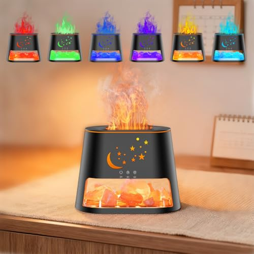 Diffusore di aromi per oli essenziali con Salt Range Pakistan e lampada a cristalli di sale, 7 colori, effetto fiamma a LED, umidificatore ad ultrasuoni, 150 ml, senza BPA, spegnimento automatico
