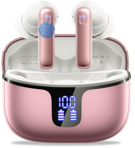 Ecouteurs Bluetooth sans Fil, Écouteurs Bluetooth 5.3 Oreillette Sport Casque HiFi Son avec 4 ENC Mic, 40H Durée de Lecture Écran LED, IP7 Étanche, Contrôle Tactile, Compatible Android and iOS, Rose