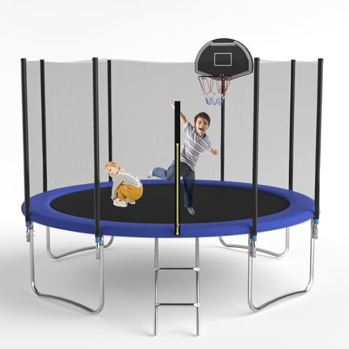 Trampoline d'extérieur, diamètre 305/366 cm, trampoline d'extérieur pour enfants et adultes, trampoline de loisirs avec panier de basket, échelle et revêtement anti-rouille, charge maximale 200/272 kg