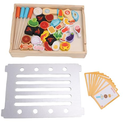 SPYMINNPOO Ensemble de Jeu de Barbecue pour Enfants, Jeu de Barbecue en Bois, Ensemble de Gril de Nourriture, Jouet de Cuisine pour Enfants Garçons Filles