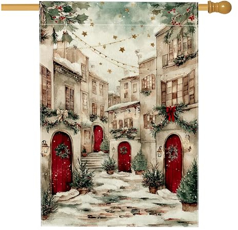 Bandera de casa de acebo, luces de Navidad festivas, de arpillera roja, banderas decorativas de doble cara para porche exterior, patio, césped, entrada, camping, 28 x 40 pulgadas