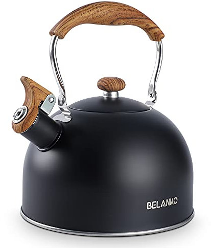 Tea Kettle, BELANKO 85 OZ / 2.5 Liter Whistling Tea Kettle, Tea Pots for Stove Top Food Grade Stainless Steel with Wood Pattern Folding Handle, Loud Whistle Kettle for Tea, Coffee, Milk - Black