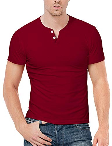 KUYIGO Hombres Slim Fit Manga Corta Beefy Moda Casual Henley Camisetas Algodón Camisas M Vino Rojo