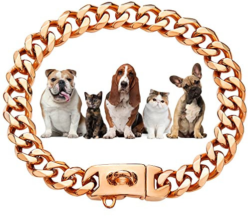 Roségold-Hundehalsband, 10 mm, 18 Karat Gold, kubanisches Gliederhalsband mit sicherer Schnappschnalle, goldene Hundekette, Metallhalsband für kleine Pitbull (10 mm, 25,4 cm)