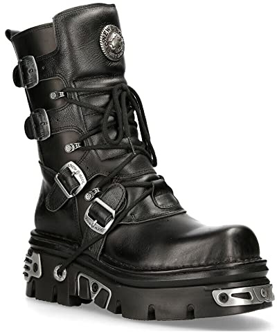New Rock 373-S4 Metallic Black Leather Gothic Mid Calf Punk Goth Boots with Lace up and Buckle Fastening 8