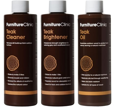 Furniture Clinic Teak Care Kit - Restorer & Cleaning of Outdoor Wooden Garden Furniture - Wood Cleaner & Restoration Treatment - Contains Teak Oil, Teak Cleaner, & Teak Brightener