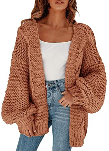 Cicy Bell Cárdigan de punto grueso con frente abierto para mujer, holgado, manga farol, abrigo de gran tamaño, caqui, XL