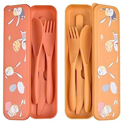 Set di 2 Set Posate da Viaggio con Custodia - Simpatico Motivo A Coniglio, Portaposate da Viaggio Posate Plastica Riutilizzabili Posate Portatili per Picnic Scuola (Arancione + Giallo)