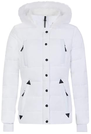 Spindle Womens Hooded Short Fur Trimmed Parka Quilted Puffer Coat |4 Zip Pockets| Sherpa Borg Lining| Ladies Short Coat White - Henrietta 12