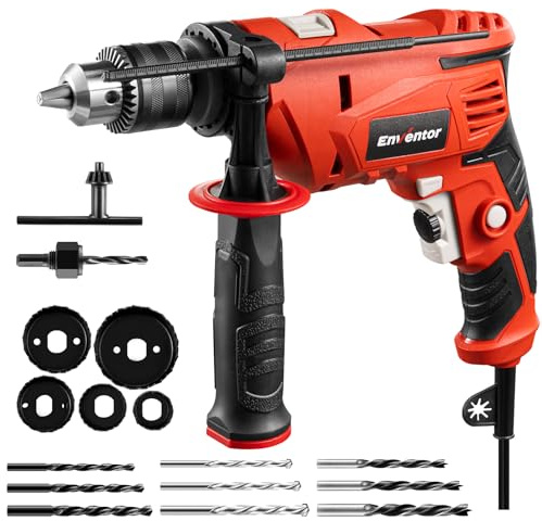 Enventor 7.5 Amp Hammer Drill, 1/2 Inch Electric Drill Hammer, 900W 0-3000RPM Variable Speed, 360° Auxiliary Handle, Lightweight Corded Hammer & Drill 2 in 1 Functions with 9pcs Bit for Metal, Wood