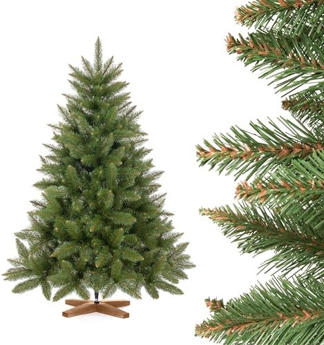 FairyTrees árbol de Navidad Artificial 120cm Abeto Natural con el Soporte de Madera | árbol Artificial con el Tronco Verde | Fabricado en EU