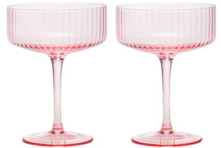 Paris Hilton Ribbed Coupe Cocktail Glass Set, Elegant Fluted Glassware, Perfect for Champagne, Martinis, Wine and More, Set of 2, 10-Ounce, Pink