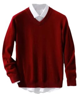 Hamthuit Men's Cashmere Sweater Warm Pullovers V-Neck Fit Knit Pullover Male Woollen Knitwear Jumpers Burgundy 5XL