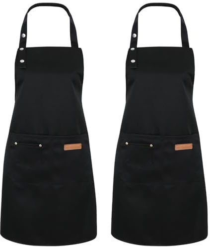 Livdouyu 2 grembiuli da cucina per uomo e donna, impermeabile, con 2 tasche grandi, grembiule da cucina regolabile, grembiule da lavoro per cucina, pittura, cottura e lavori domestici, Nero , 75 × 66