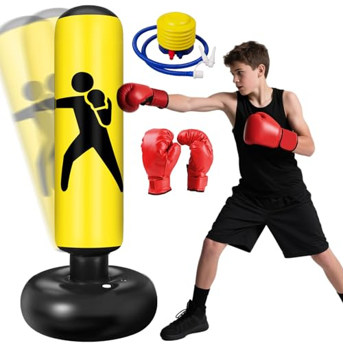 Ninonly Sac de Frappe Enfant 160cm avec Gants et Pompe Punching Ball Enfants pour Karaté Taekwondo Idéal pour Garçons et Filles de 3 à 12 Ans Punching Ball Bureau Parfait pour Maison Gym Jaune