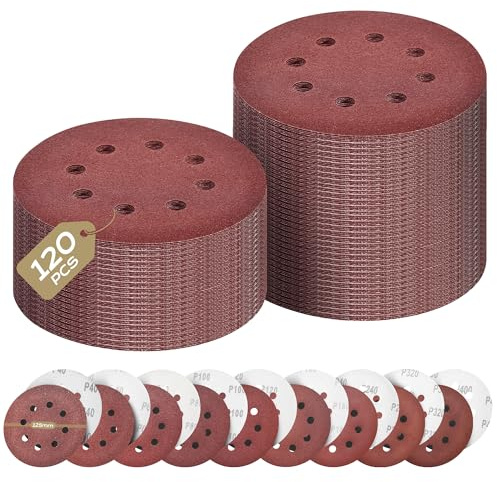 Yokuni Disque Abrasif 125mm Grain Mixte 40/60/80/100/150/240/320/400 15 de Chaque Papier Poncer 120 Pièces 8 Trous Papier de verre pour Ponceuse Excentrique