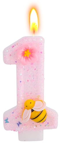 Candela per Il Primo Compleanno, Candela a Forma di Ape con Fiore Rosa Lucido Graziosa Decorazione La Torta Del Primo Compleanno per Donne Ragazze Anniversario Celebrazione