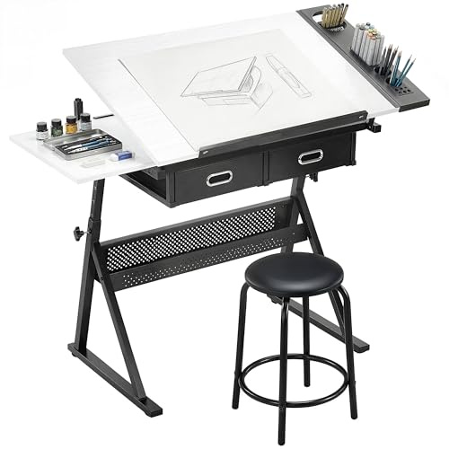 HOMCOM Table à Dessin avec Tabouret, 2 Tiroirs, Hauteur Réglable, Blanc