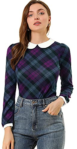 Allegra K Women's Peter Pan Collar Contrast Puff Sleeve Christmas Xmas Party Plaid Shirt Blouse Medium Purple
